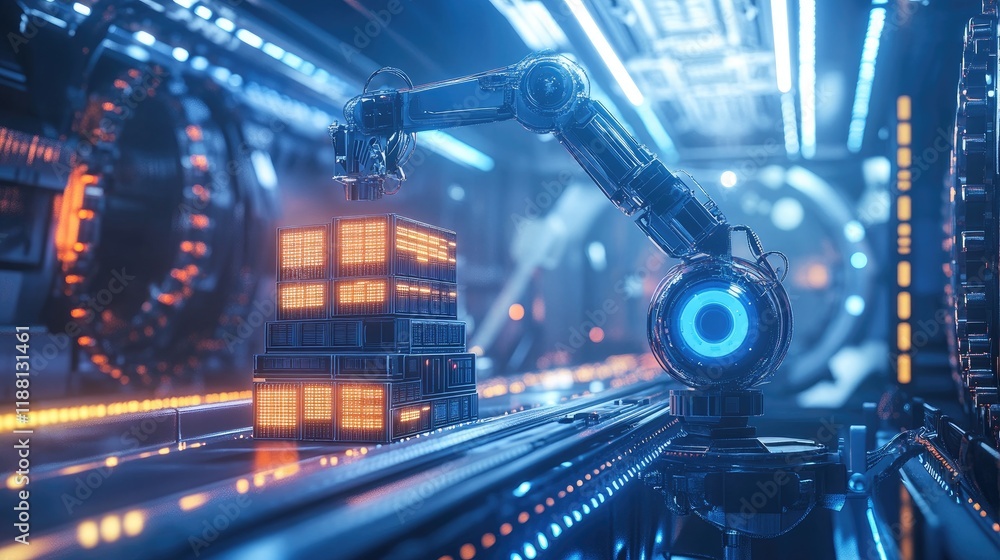 Poster a robotic arm stacking glowing boxes on a conveyor belt in a futuristic automated setting.