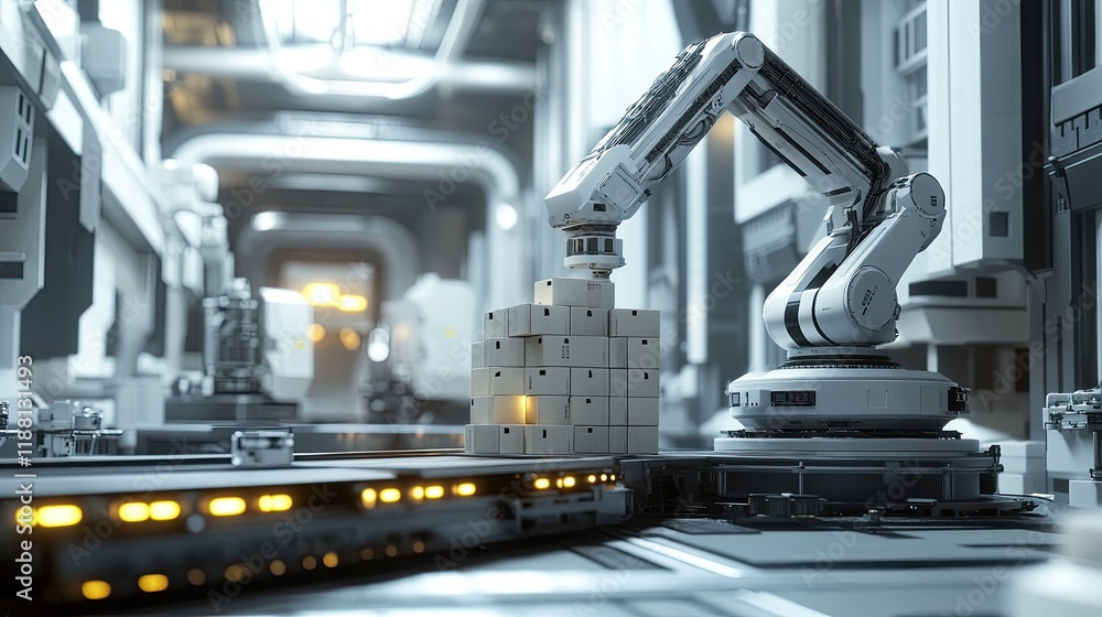 Poster a robotic arm stacking glowing boxes on a conveyor belt in a futuristic automated setting.