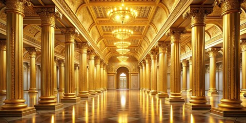 Obraz premium A golden glow illuminating a grand gold textured hall with ornate pillars and ceiling, radiant, imposing, regal, luminous