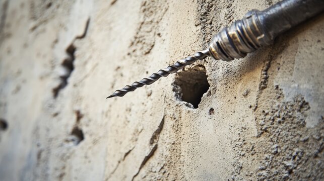 Drill bit creating holes in a concrete wall using a steel triangle. This drill bit is essential for tasks in the building work industry, showcasing its efficiency and precision.