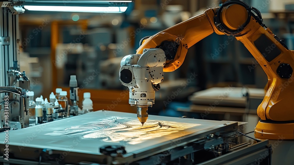 Poster a robot arm with a laser engraver etching a design onto a smooth, metallic surface.