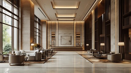 Luxurious hotel lobby interior with marble floors, large windows, and comfortable seating.