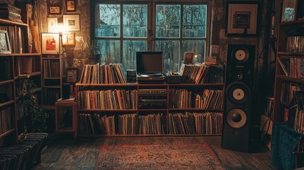 Cozy Home Music Studio with Vinyl Records and Antique Decor