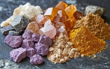 Vibrant hues of crystal clusters and earthy powder pigments create a captivating display of color and texture. A feast for the eyes!