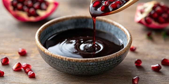 Pomegranate molasses is presented in a small bowl, showcasing the unique sweet and sour syrup made from pomegranate fruit and seeds, highlighting the distinct flavor of pomegranate.
