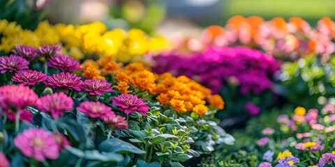 Obraz premium Vibrant flower bed showcasing a colorful array of blooms in a garden setting, emphasizing the beauty and diversity of flowers in a picturesque outdoor environment. Colorful flowers create a stunning