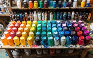 A vibrant spectrum of inks arranged by color intensity, creating a mesmerizing visual display of artistic potential. Explore the hues!