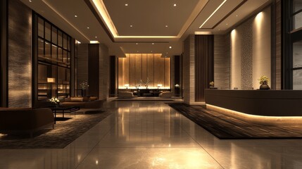Luxurious hotel lobby interior at night with modern furniture and lighting.