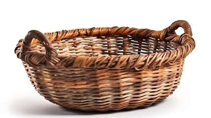 Obraz premium Isolated rustic woven basket with a handle isolated on solid white background.