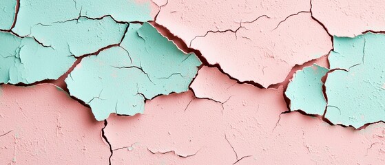 Obraz premium Grunge texture background concept. Cracked pastel wall with peeling paint in pink and turquoise hues.