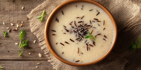 Vegetarian food background featuring organic wild rice paired with soup, perfect for congee or kanji. This vegetarian food scene highlights the versatility of organic wild rice.