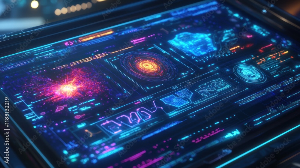 Poster futuristic holographic display with vibrant data visualizations.
