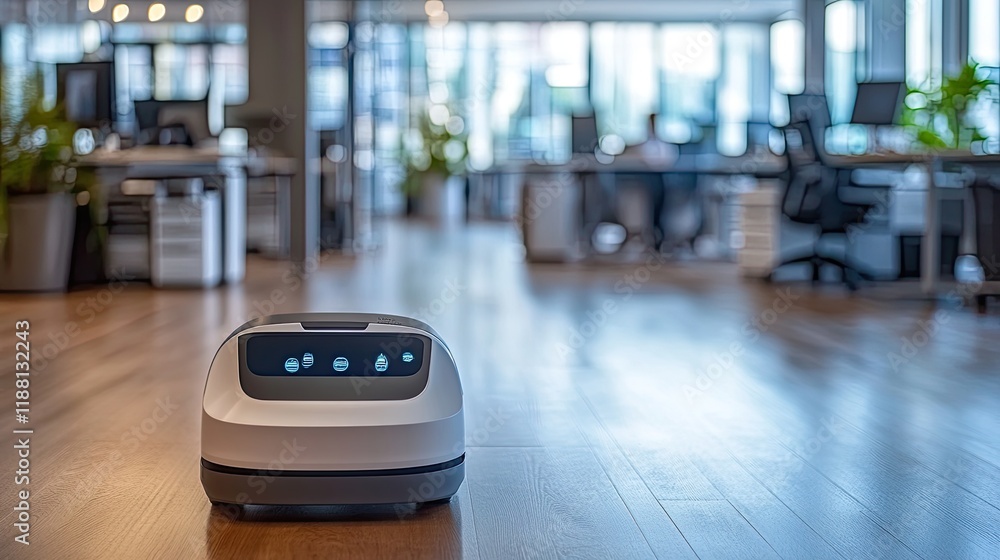 Poster a robot with a smooth surface and efficient design, navigating through a bright, modern office space