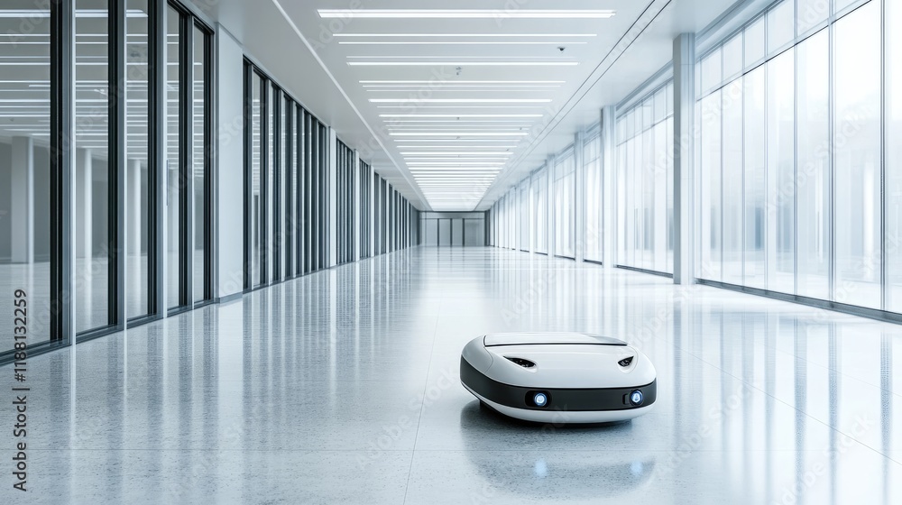 Poster a robot with a smooth surface and efficient design, navigating through a bright, modern office space