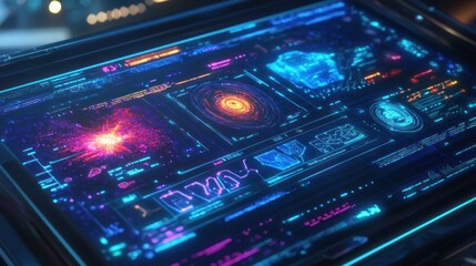 Obraz premium Futuristic holographic display with vibrant data visualizations.