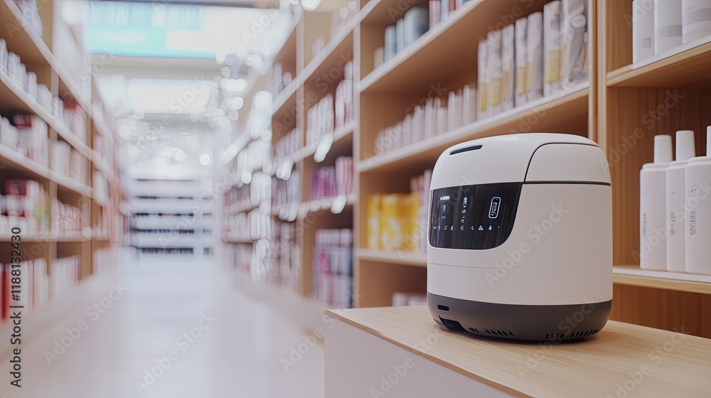 Poster a service robot designed for in-store assistance, positioned next to a product shelf, showcasing its