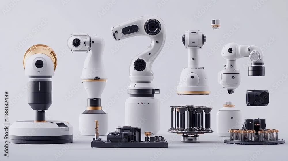 Poster a set of miniature robots' mechanical parts arranged neatly, showcasing the compact design and advan