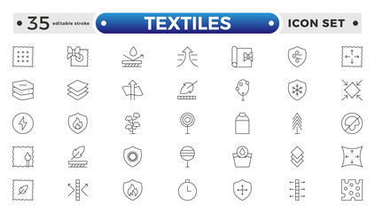 Textiles outline icon. Fabric features line icon set. Fabric, textile material, cotton, leather, silk, synthetics, wool, bamboo, waterproof, windproof and others. Editable stroke outline icon.
