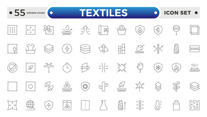 Textiles outline icon. Fabric features line icon set. Fabric, textile material, cotton, leather, silk, synthetics, wool, bamboo, waterproof, windproof and others. Editable stroke outline icon.

