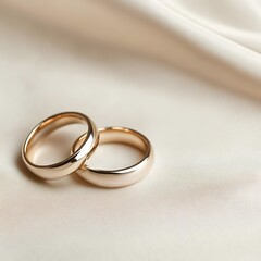 Gold wedding rings on silk fabric, romantic backdrop, engagement announcement, jewelry advertisement