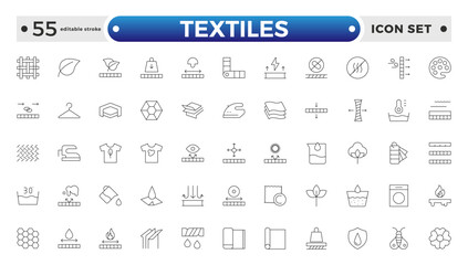 Textiles outline icon. Fabric features line icon set. Fabric, textile material, cotton, leather, silk, synthetics, wool, bamboo, waterproof, windproof and others. Editable stroke outline icon.
