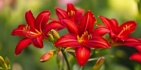 Vibrant red daylily flowers in full bloom, showcasing the beauty of bright red daylilies. These stunning bright red daylilies capture attention with their striking color and exquisite petals.