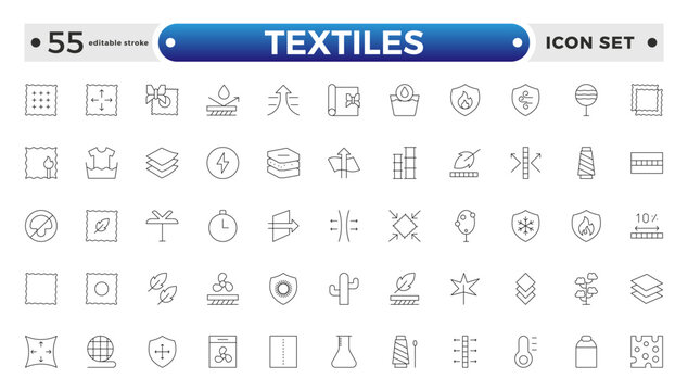Textiles outline icon. Fabric features line icon set. Fabric, textile material, cotton, leather, silk, synthetics, wool, bamboo, waterproof, windproof and others. Editable stroke outline icon.
