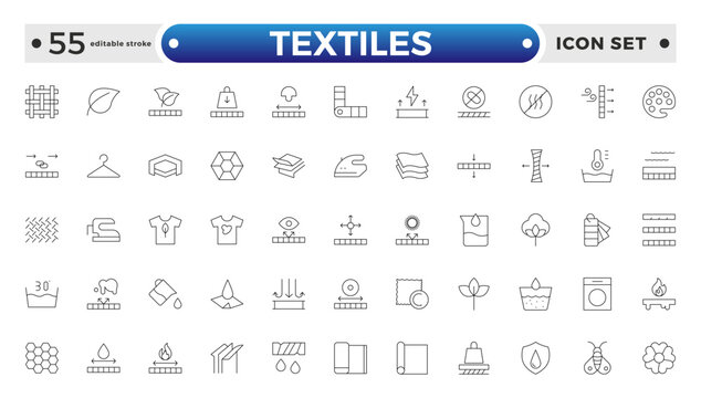 Textiles outline icon. Fabric features line icon set. Fabric, textile material, cotton, leather, silk, synthetics, wool, bamboo, waterproof, windproof and others. Editable stroke outline icon.

