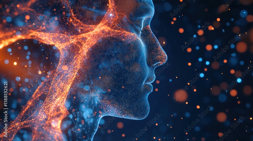 Poster abstract profile portrait of a person, composed of glowing particles, set against a dark background 