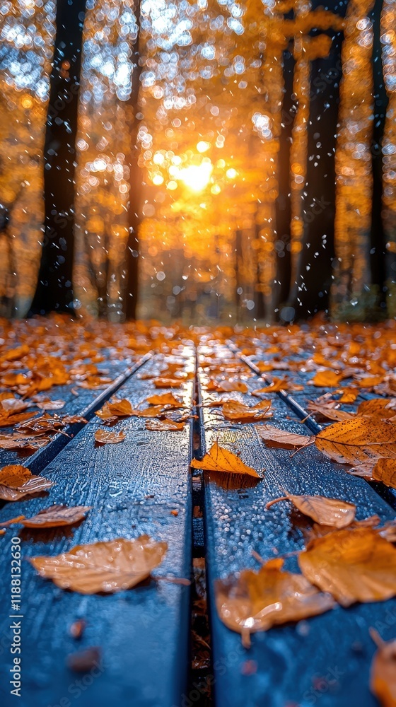 Poster a low angle view of a wet wooden path covered in autumn leaves with bokeh background of trees and se