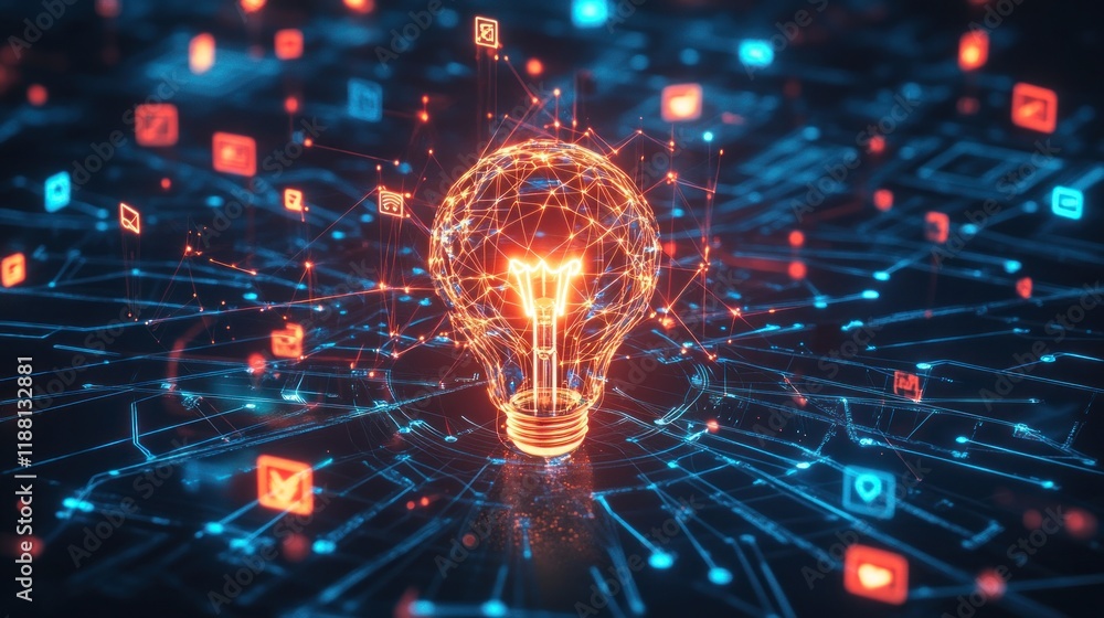 Poster digital innovation a glowing lightbulb symbolizes new ideas and technologies within a network.