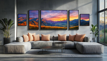 Illustration of Sunset Mountain Landscape Wall Art in Modern Living Room Interior Design