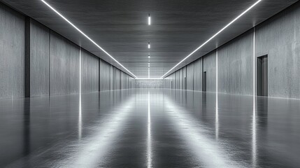 Sleek, modern hallway with polished floor, linear lighting, and concrete walls.