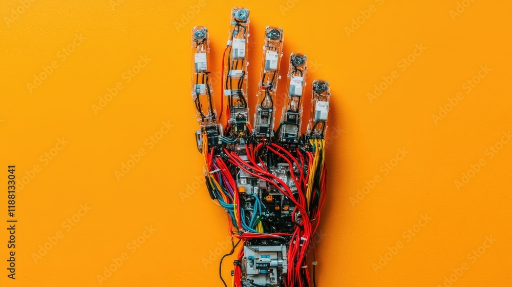 Poster a tiny robotic hand with intricate wiring, designed for highly precise micro-manipulation tasks.