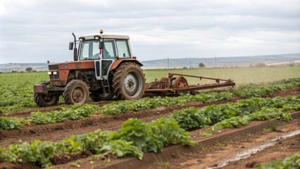 Fototapeta premium A farm tractor towing a rusty old plough through a muddy field of potato plants, muddy terrain, plough, rural landscape, tractor