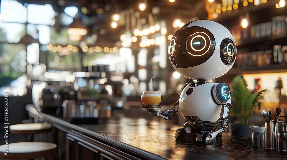 Aufkleber close-up of a robot serving drinks in a cafe, designed with a streamlined body and advanced wheels f