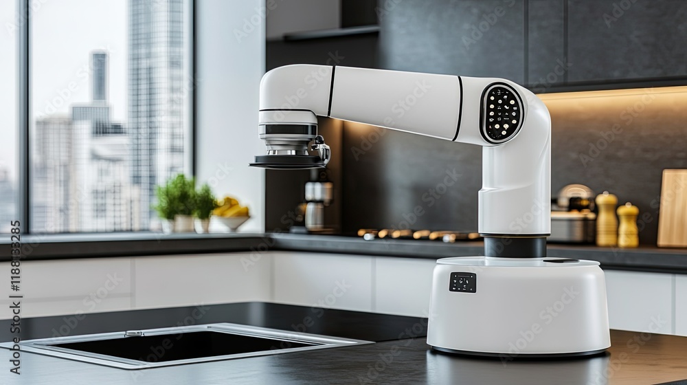 Poster close-up of a service robot performing tasks in a clean kitchen, showcasing its advanced design and 