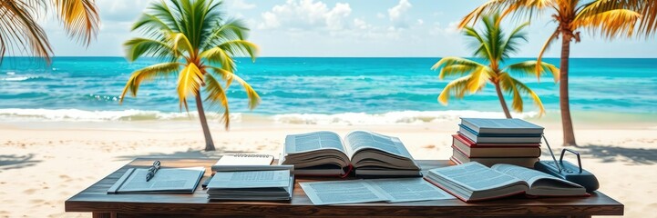 A desk with books and papers scattered on it situated in front of a stunning summer beach scene with swaying palm trees, peaceful atmosphere, palm trees, serene landscape