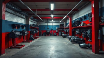 A dimly lit, empty red and blue painted garage with rows of car engines, transmissions, and other auto parts on the walls, screwdrivers, wrenches, mechanic tools