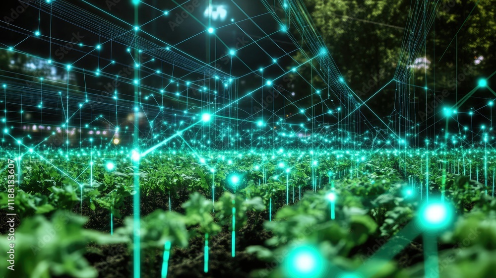 Poster concept of ai-driven smart farming with sensors and data analytics visuals overlaid on a vibrant gre