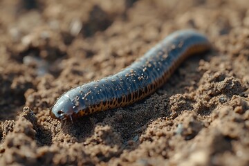 Velvet worm crawling on brown soil.