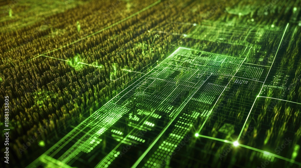 Poster concept of ai-driven smart farming with sensors and data analytics visuals overlaid on a vibrant gre