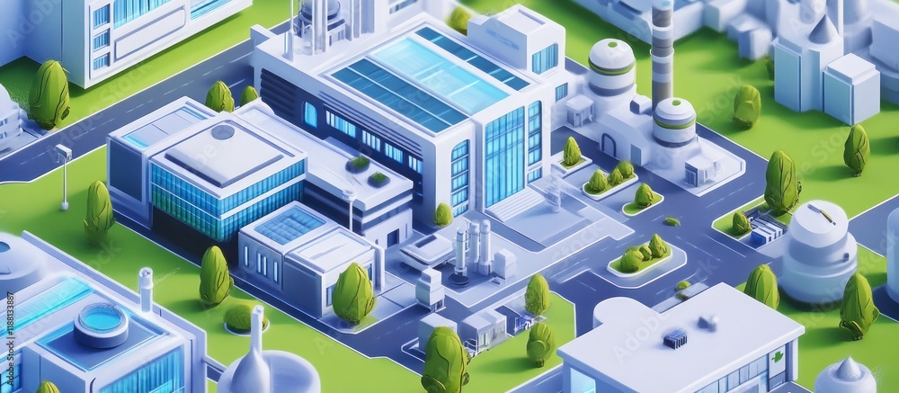 Poster isometric view of a modern industrial complex with various buildings and green spaces.