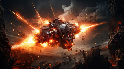 Fiery Spaceship Explosion Amidst Cosmic Debris