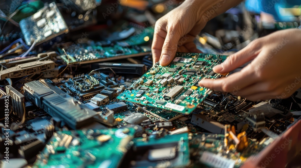 Poster hands working with circuit boards in an electronics workshop