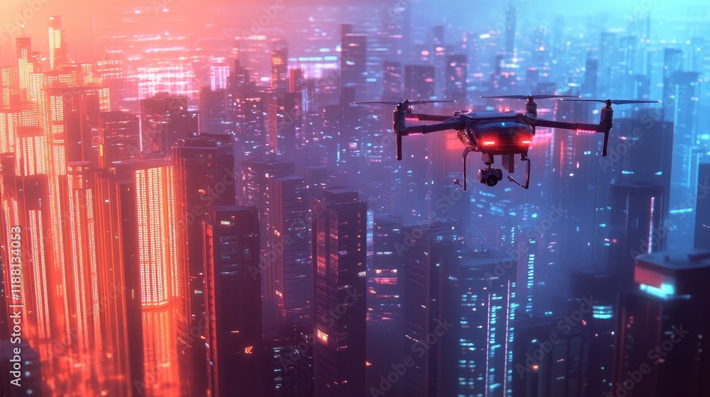 Poster futuristic drone hovering in an urban environment, equipped with smart sensors and cameras. clean, i