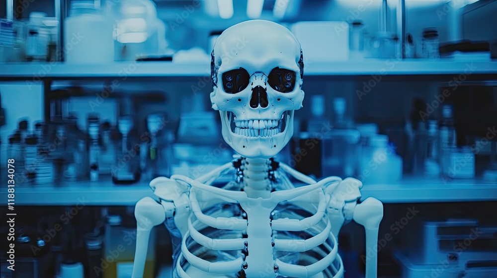 Poster futuristic robotic skeleton partially assembled in a minimalist lab environment.