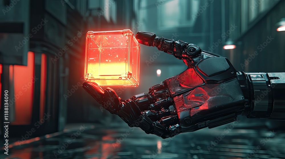 Aufkleber futuristic robotic arm with gripping capabilities holding a glowing cube in a dark background.