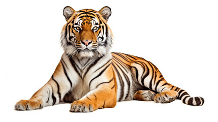 Fototapeta premium Majestic Tiger Lying Down on White Background