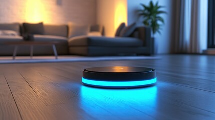 High-tech robotic vacuum with self-cleaning base glowing in a minimalistic home environment.